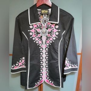 Bob Mackie Wearable Art Vintage 90s Boho Black Cutout Embroidered Jacket Size L